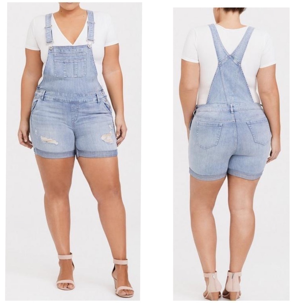 Torrid Shortall Overall Vintage Stretch Light Wash Denim Distressed Sz 14.